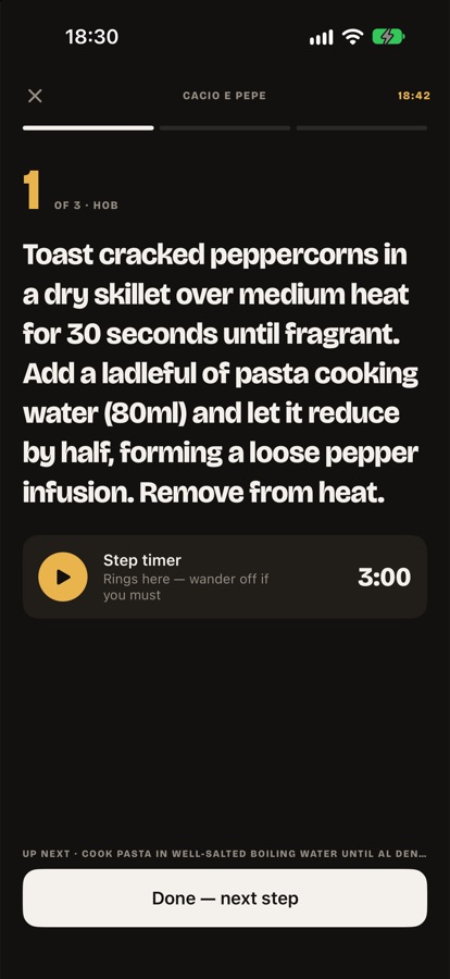 Cook mode with a step timer