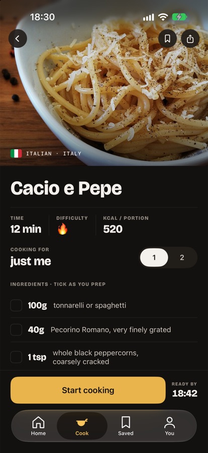 A recipe page with ingredients for one