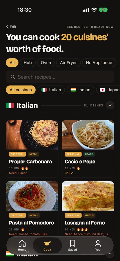 Recipe results with photos and missing-ingredient flags