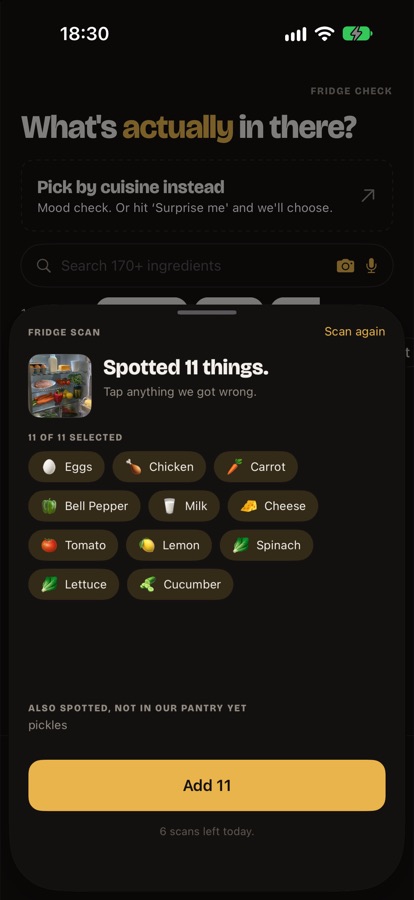 Fridge Scan results listing ingredients spotted in a fridge photo
