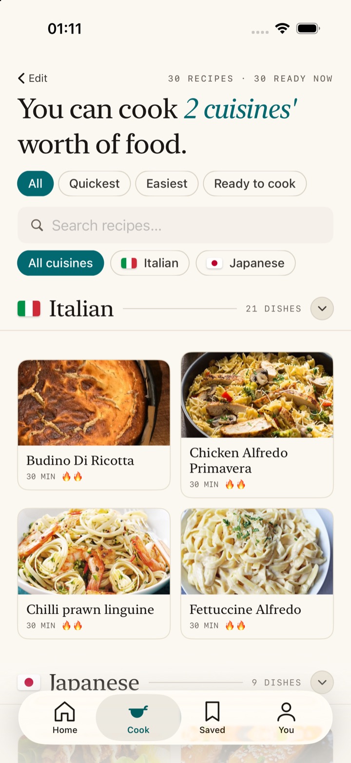SoloCook's results screen: recipes grouped by cuisine, each card badged with cooking time and whether it is ready to cook.